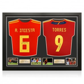 Andres Iniesta And Fernando Torres Signed Spain Football Shirts. Dual Frame
