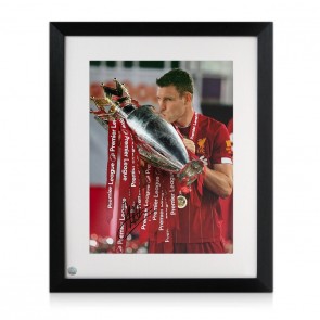 James Milner Signed Liverpool Football Photo: Premier League Trophy. Framed