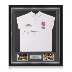 Jason Robinson Signed England Rugby Shirt: World Cup Champions Embroidery. Deluxe Frame