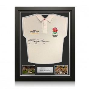Jason Robinson Signed England Rugby Shirt: World Cup Champions Embroidery. Standard Frame
