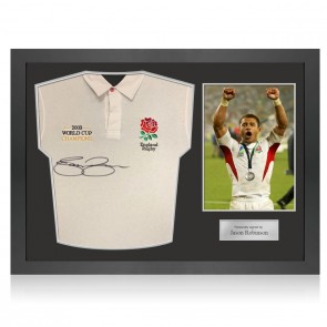 Jason Robinson Signed England Rugby Shirt: World Cup Champions Embroidery. Icon Frame