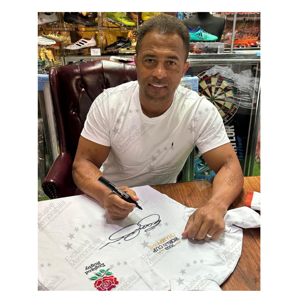 Jason Robinson Signed England Rugby Shirt: World Cup Champions Embroidery. Standard Frame