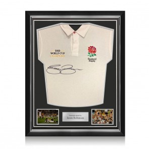 Jason Robinson Signed England Rugby Shirt: World Cup Champions Embroidery. Superior Frame
