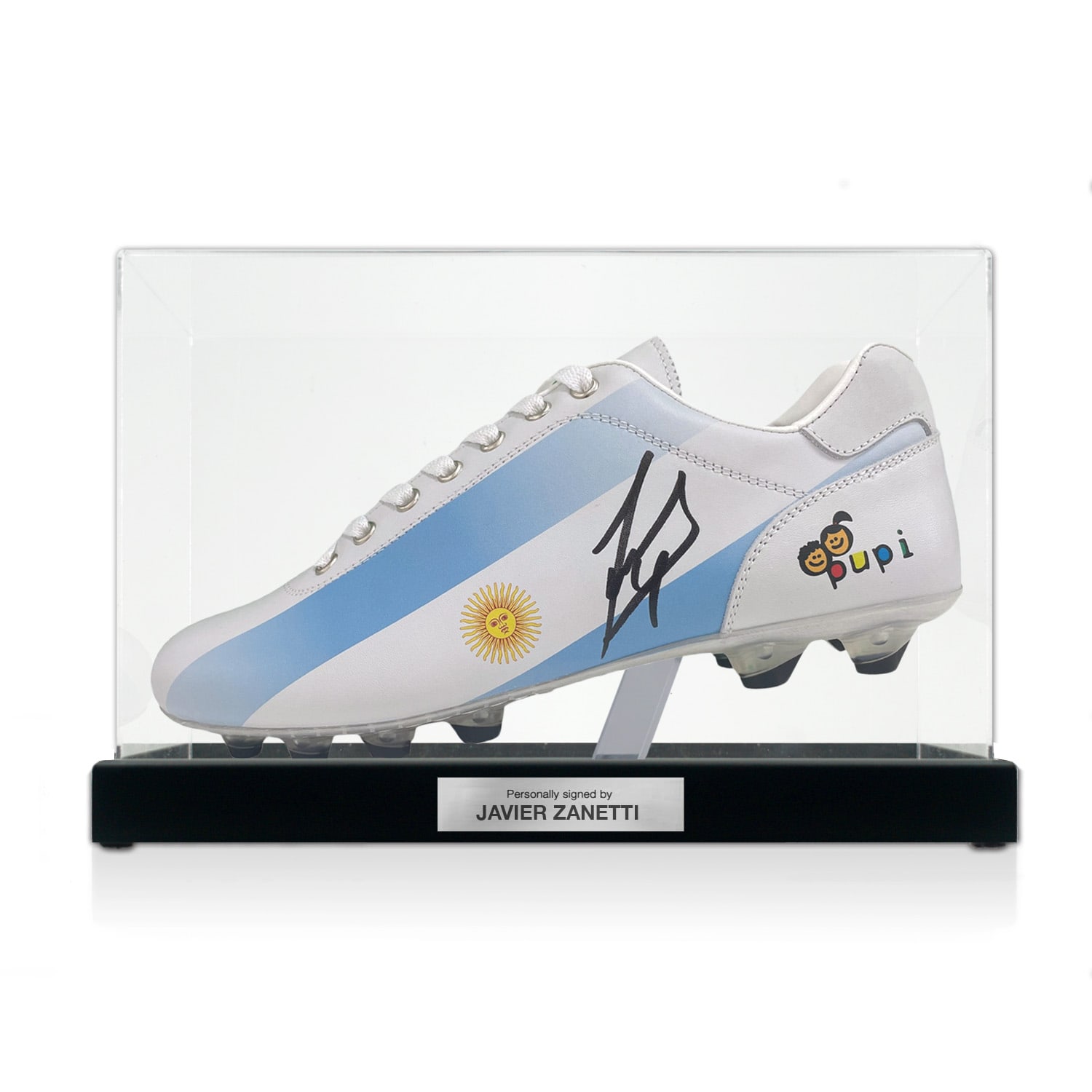 Javier Zanetti Signed Pantofola d'Oro Lazzarini x Pupi FG Albiceleste Football Boot. Plaque Display Case 