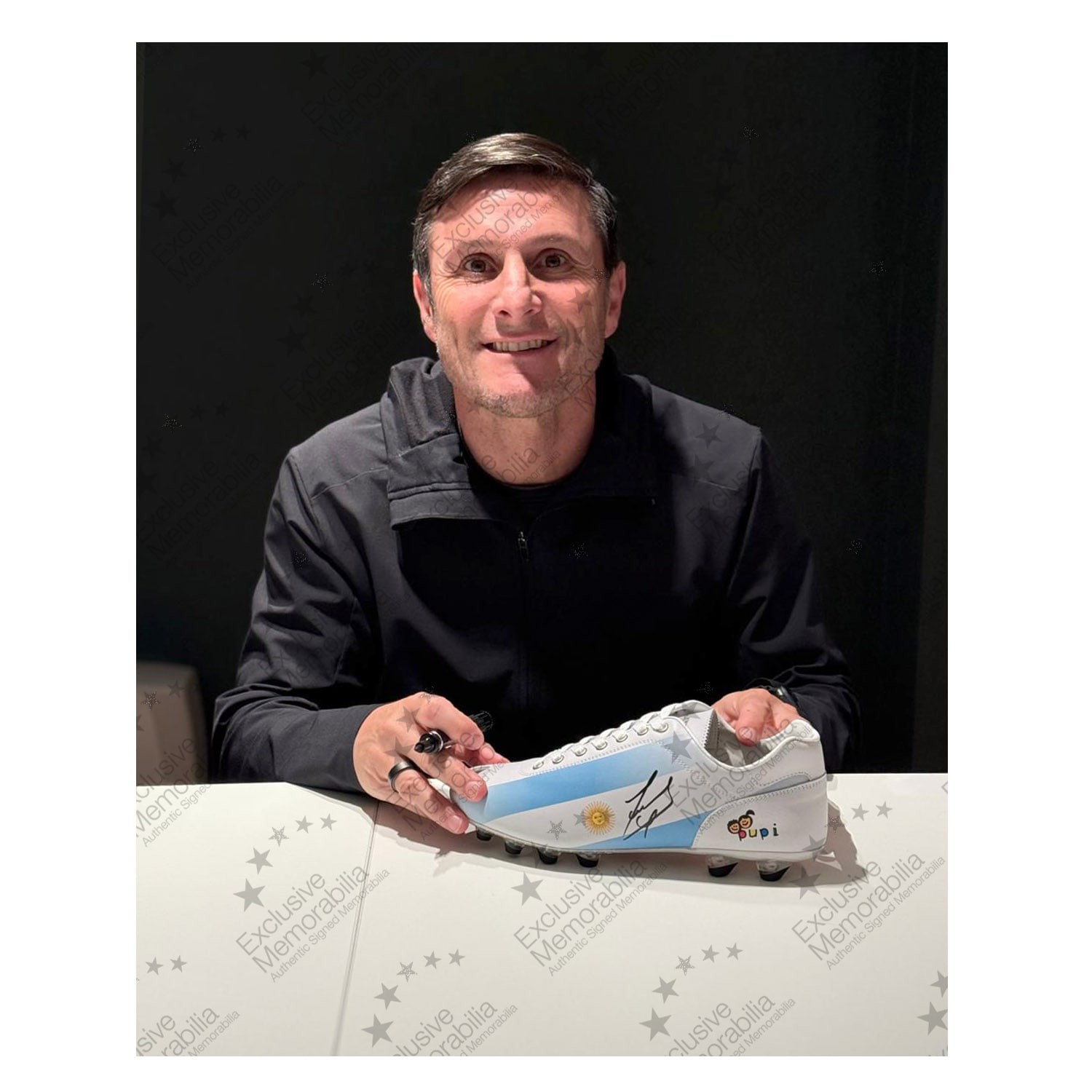 Javier Zanetti Signed Pantofola d'Oro Lazzarini x Pupi FG Albiceleste Football Boot. Plaque Display Case 
