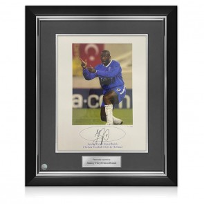 Jimmy Floyd Hasselbaink Signed Chelsea Football Print. Deluxe Frame