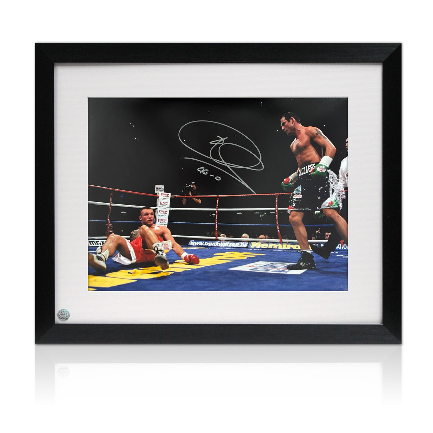 Joe Calzaghe Signed Boxing Photo: VS Mikkel Kessler. Framed