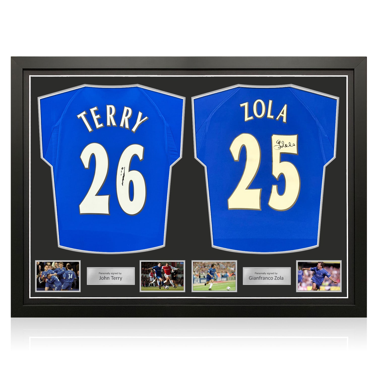 John Terry & Gianfranco Zola Signed Chelsea 2000 Football Shirts. Dual Frame