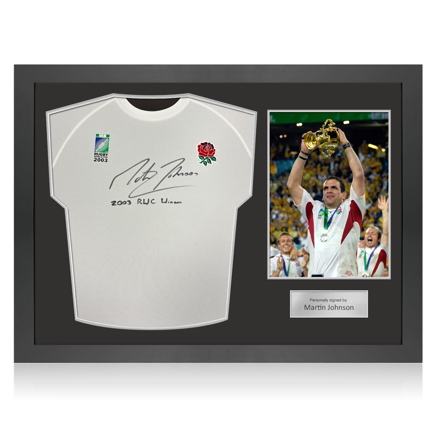 Martin Johnson Signed Commemorative Champions '03 England Rugby Shirt: 2003 Winner Inscription. Icon Frame
