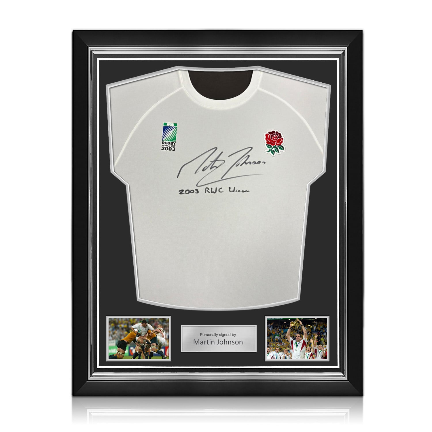 Martin Johnson Signed Commemorative Champions '03 England Rugby Shirt: 2003 Winner Inscription. Superior Frame