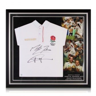  Jonny Wilkinson And Martin Johnson Signed England Rugby Shirt. Premium Frame