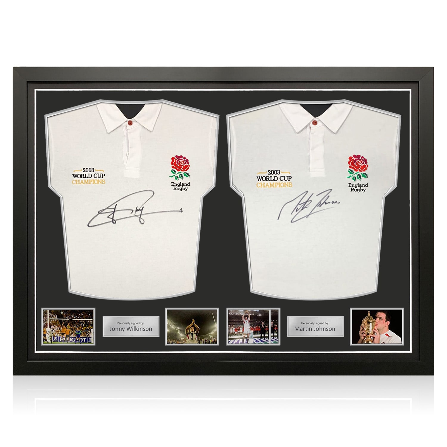 Jonny Wilkinson And Martin Johnson Signed England Rugby Shirts. Dual Frame