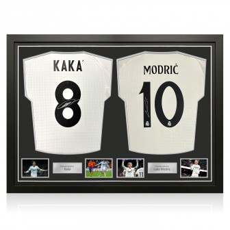 Kaka & Luka Modric Signed Real Madrid 2024-25 Home Football Shirts. Dual Frame
