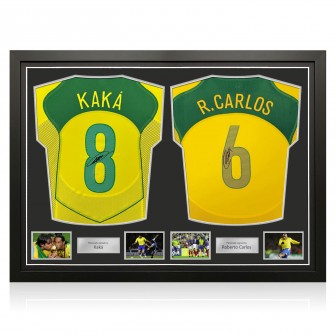 Kaka & Roberto Carlos Signed Brazil 2004-06 Home Football Shirts. Dual Frame