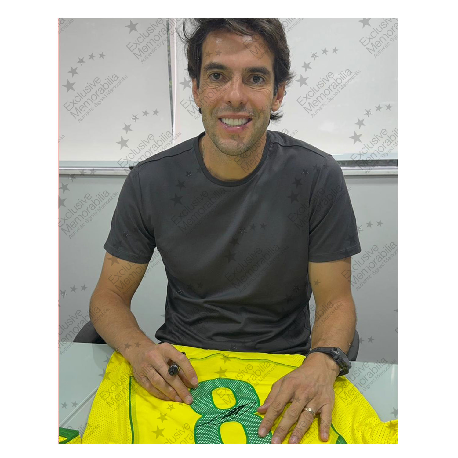 Kaka & Roberto Carlos Signed Brazil 2004-06 Home Football Shirts. Dual Frame