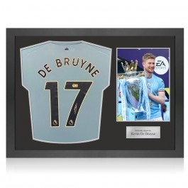 Kevin De Bruyne Signed Manchester City 2022-23 Football Shirt (PL Print). Icon Frame