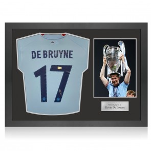 Kevin De Bruyne Signed Manchester City 2022-23 Football Shirt (CL Print). Icon Frame