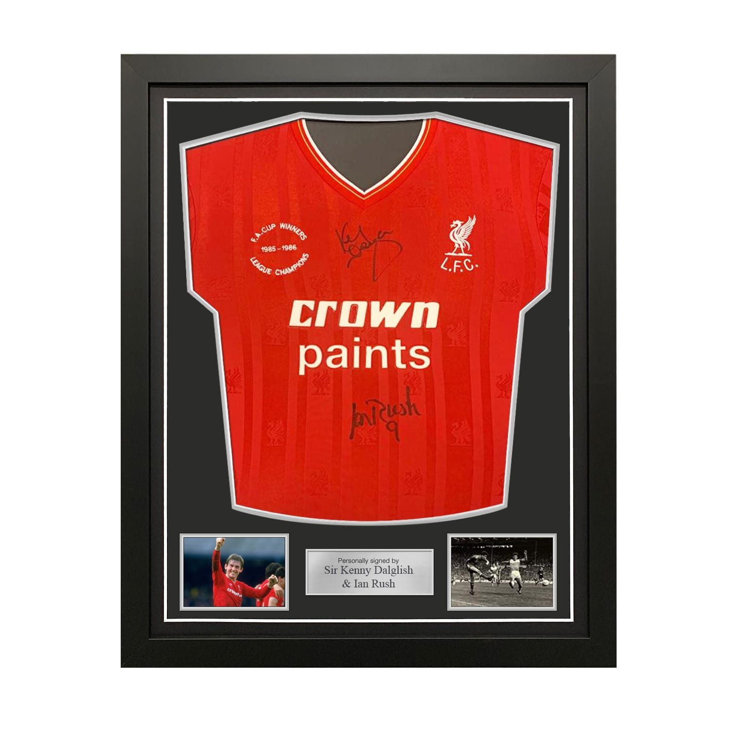 Sir Kenny Dalglish and Ian Rush Signed Liverpool 1985-86 Football Shirt. Standard Frame