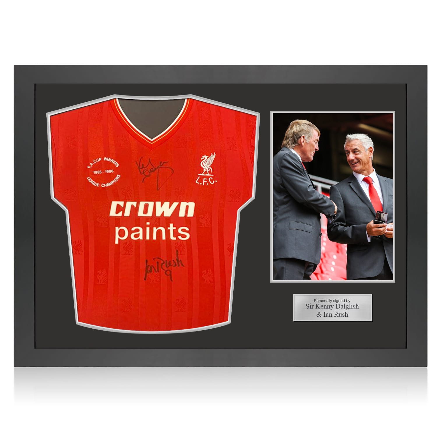 Sir Kenny Dalglish and Ian Rush Signed Liverpool 1985-86 Football Shirt. Icon Frame
