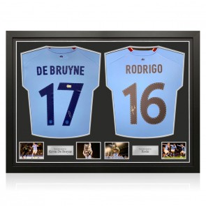 Kevin De Bruyne And Rodri Signed Manchester City 2022-23 Football Shirts. Dual Frame 
