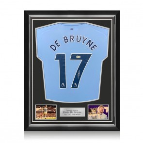 Kevin De Bruyne Signed Manchester City 2022-23 Football Shirt (PL Print). Superior Frame