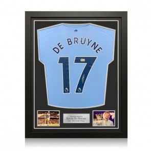 Kevin De Bruyne Signed Manchester City 2022-23 Football Shirt (PL Print). Standard Frame
