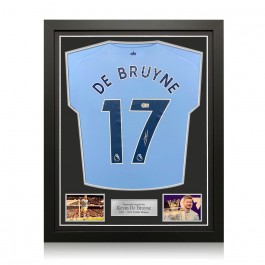 Kevin De Bruyne Signed Manchester City 2022-23 Football Shirt (PL Print). Standard Frame