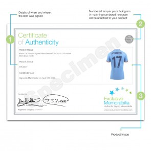 Kevin De Bruyne Signed Manchester City 2022-23 Football Shirt (CL Print). Superior Frame