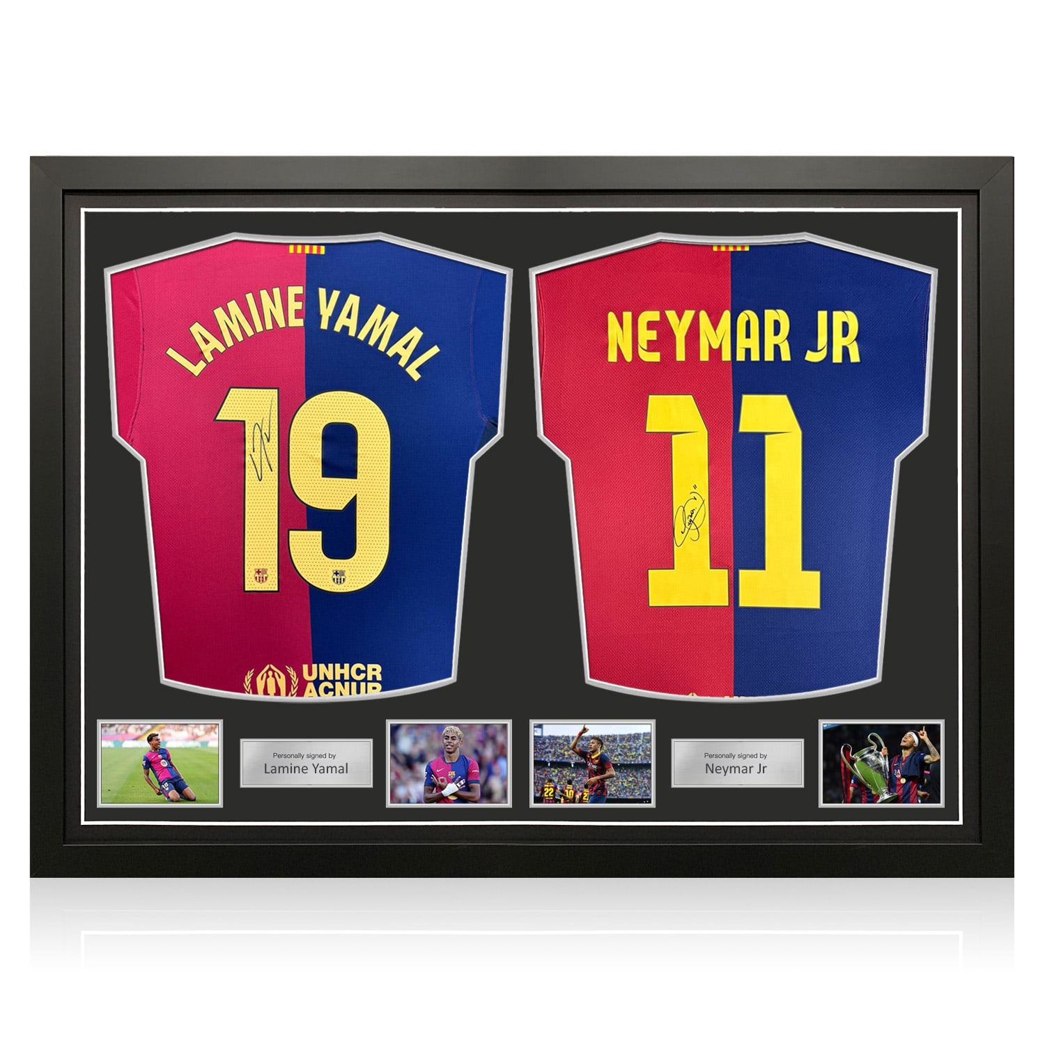 Lamine Yamal And Neymar Jr Signed Barcelona 2024-25 Home Shirts. Dual Frame