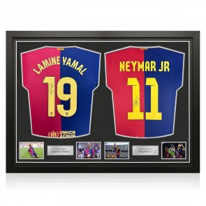 Lamine Yamal And Neymar Jr Signed Barcelona 2024-25 Home Shirts. Dual Frame