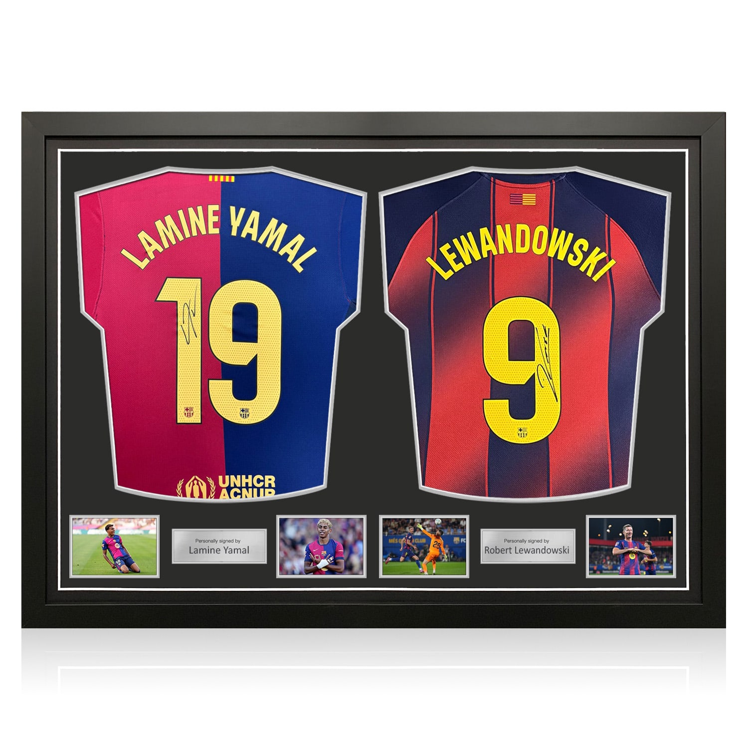 Lamine Yamal & Robert Lewandowski Signed Barcelona Football Shirts. Dual Frame