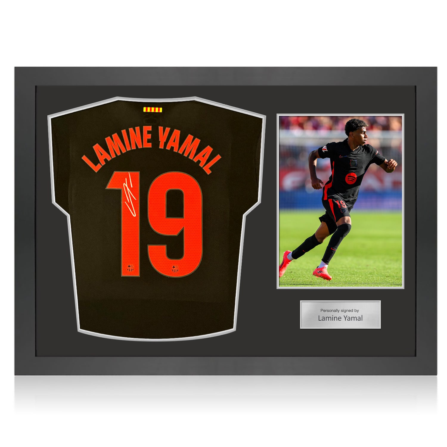 Lamine Yamal Signed 2024-25 Barcelona Away Football Shirt (Silver). Icon Frame