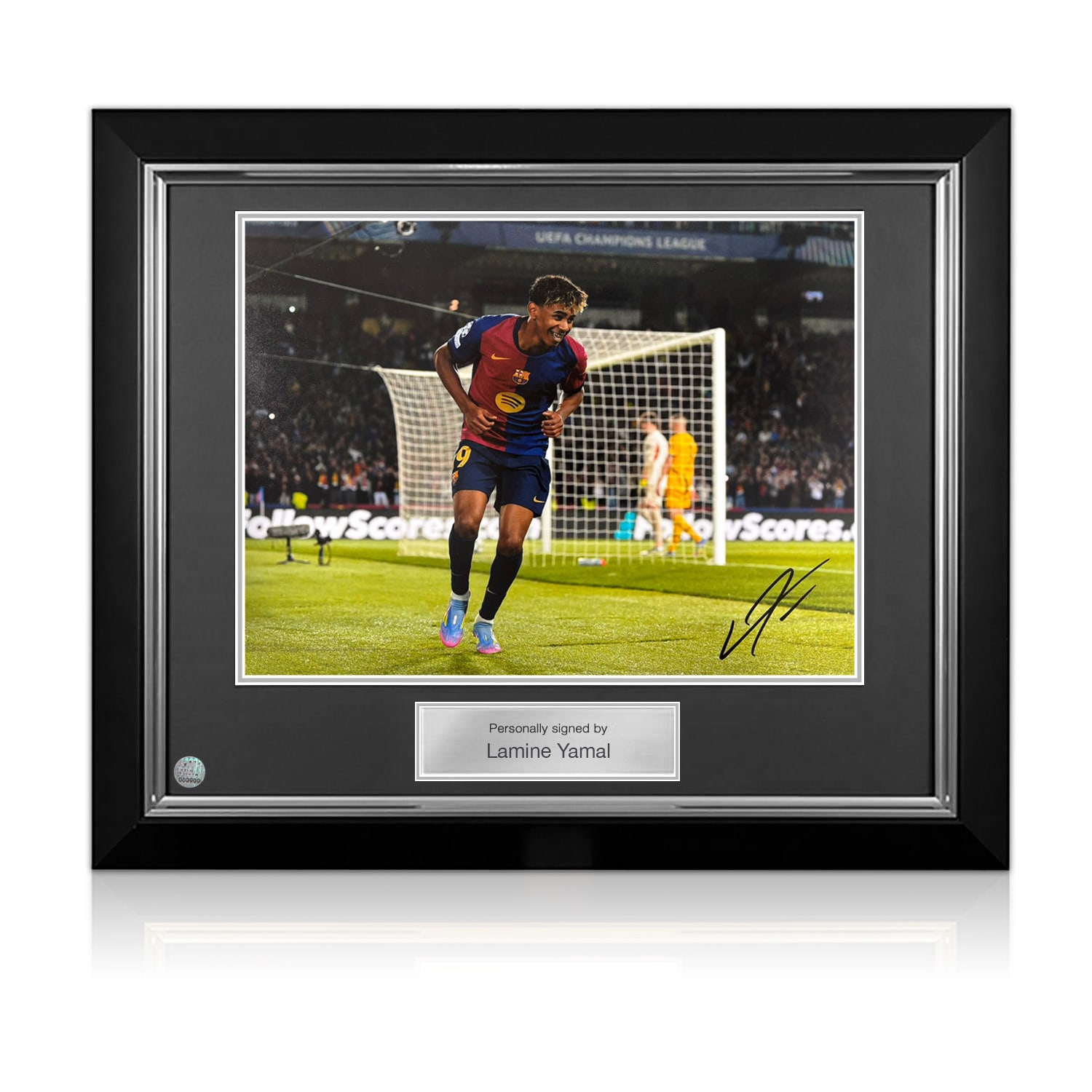 Lamine Yamal Signed Barcelona Football Photo: Goal. Deluxe Frame