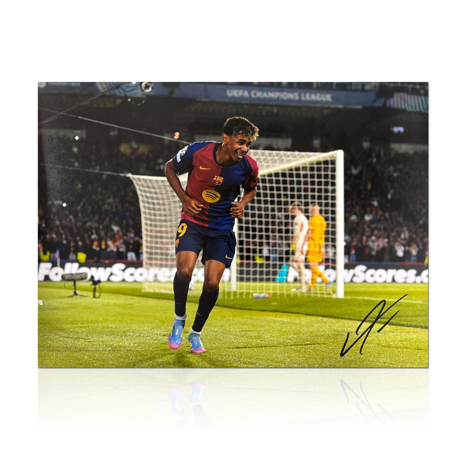 Lamine Yamal Signed Barcelona Football Photo: Goal. Deluxe Frame