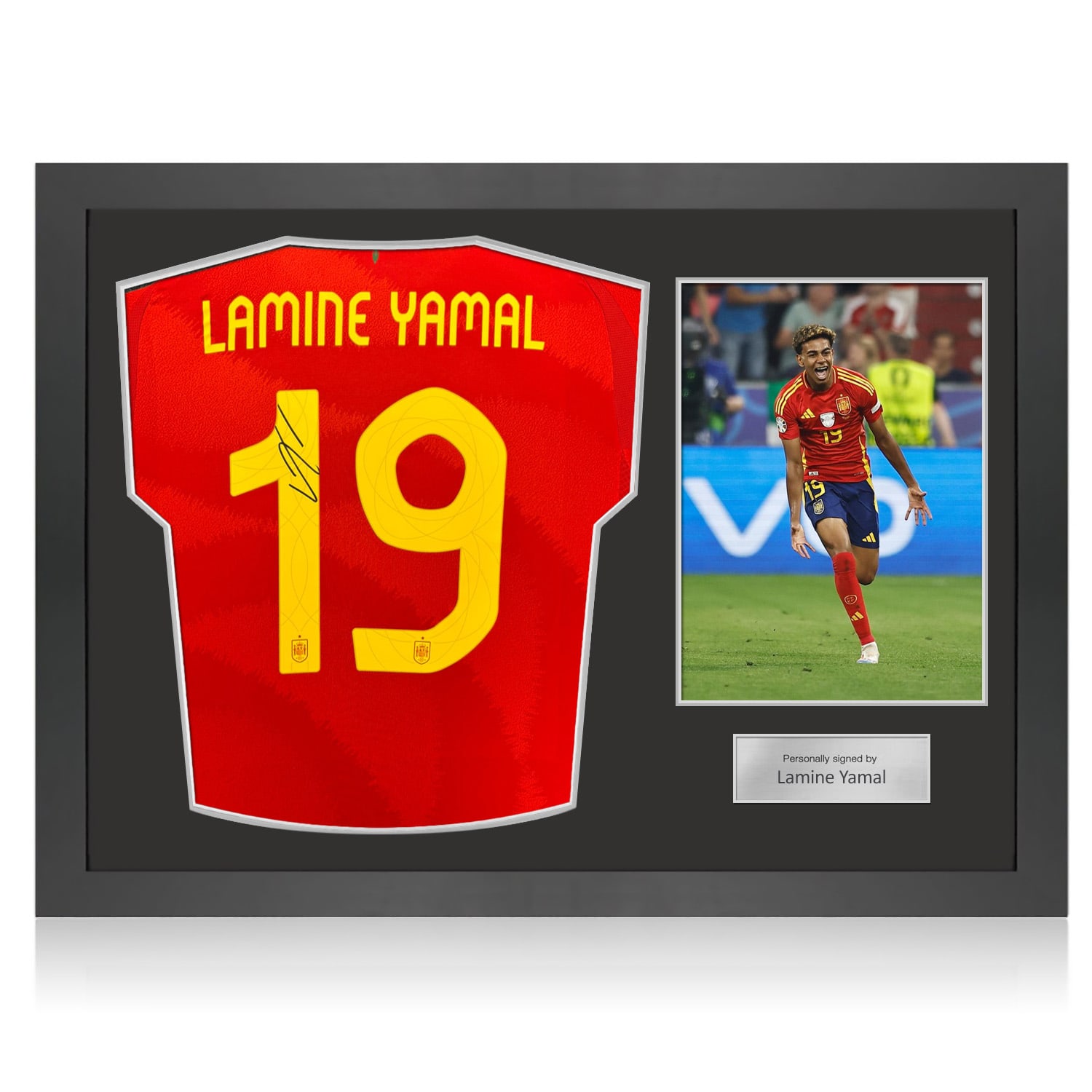 Lamine Yamal Signed Spain Home Football Shirt 2024. Icon Frame