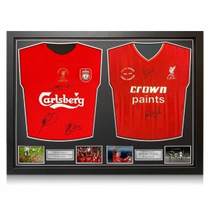 Dalglish & Rush Signed 1986 Liverpool Shirt And Gerrard, Alonso & Smicer Signed Liverpool 2005 Shirt. Dual Frame