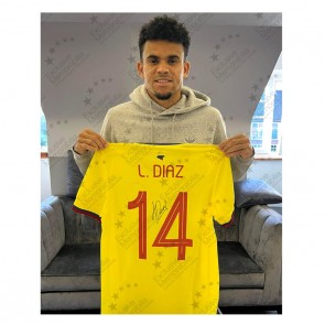 Luis Diaz Signed Colombia 2022 Football Shirt. Deluxe Frame