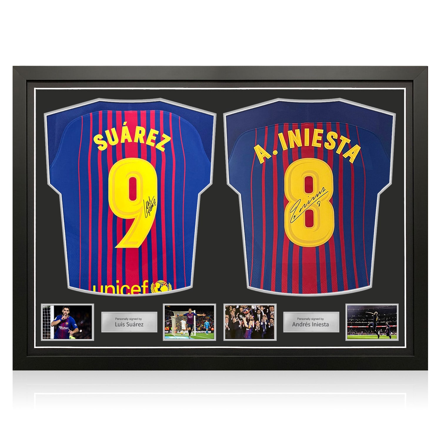 Luis Suarez & Andres Iniesta Signed Original Authentic Barcelona 2017-18 Home Football Shirts. Dual Frame