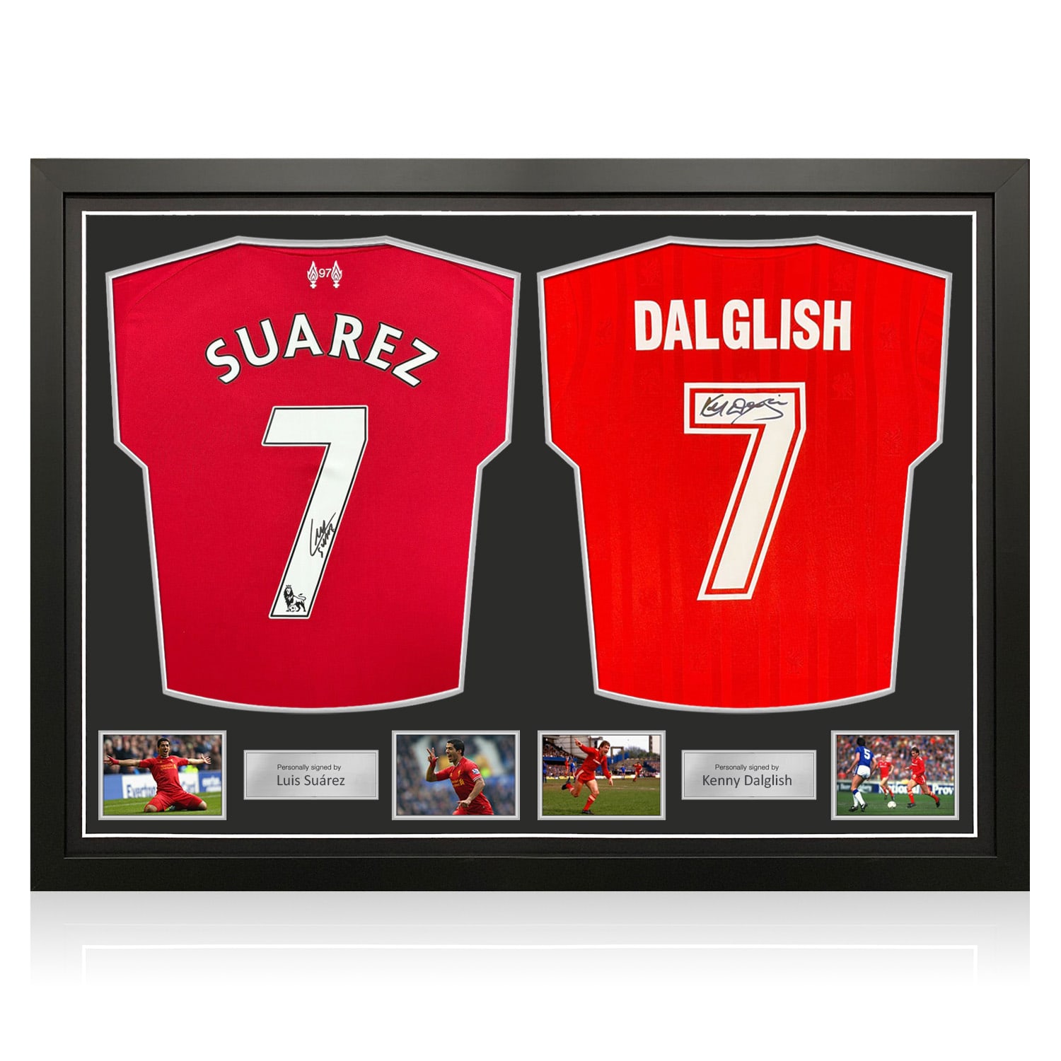 Luis Suarez & Kenny Dalglish Signed Liverpool Football Shirts. Dual Frame