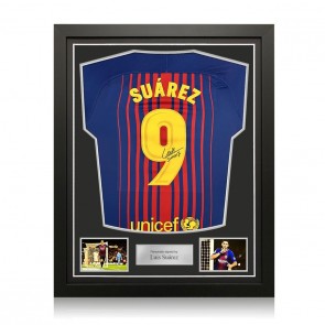 Luis Suarez Signed Barcelona 2017-18 Football Shirt. Standard Frame
