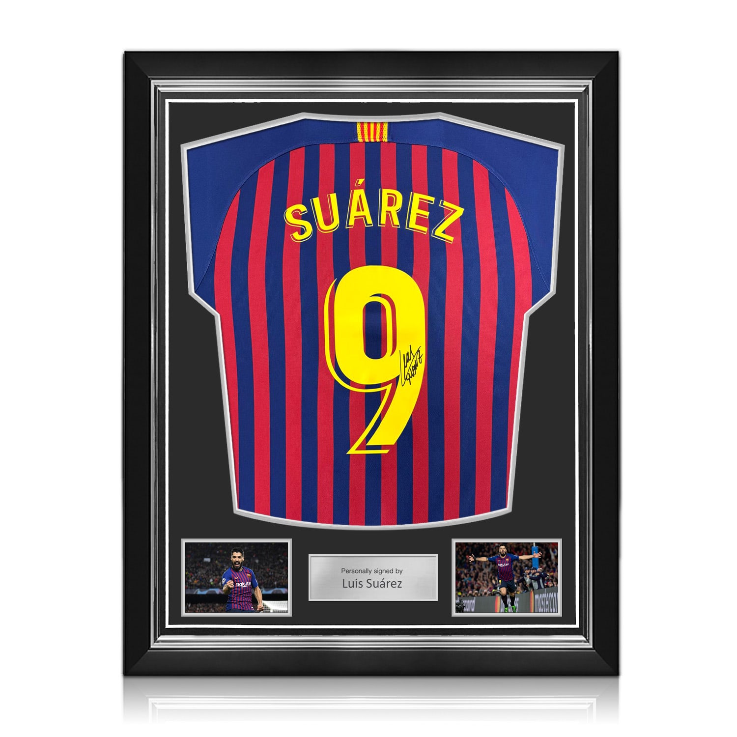 Luis Suarez Signed Original Barcelona 2018-19 Home Football Shirt (Fan Style Printing). Superior Frame