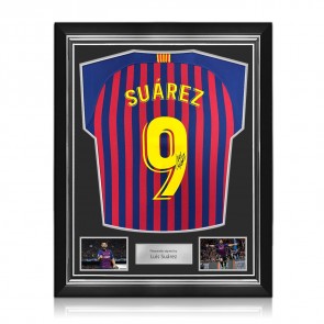 Luis Suarez Signed Original Barcelona 2018-19 Home Football Shirt (Fan Style Printing). Superior Frame