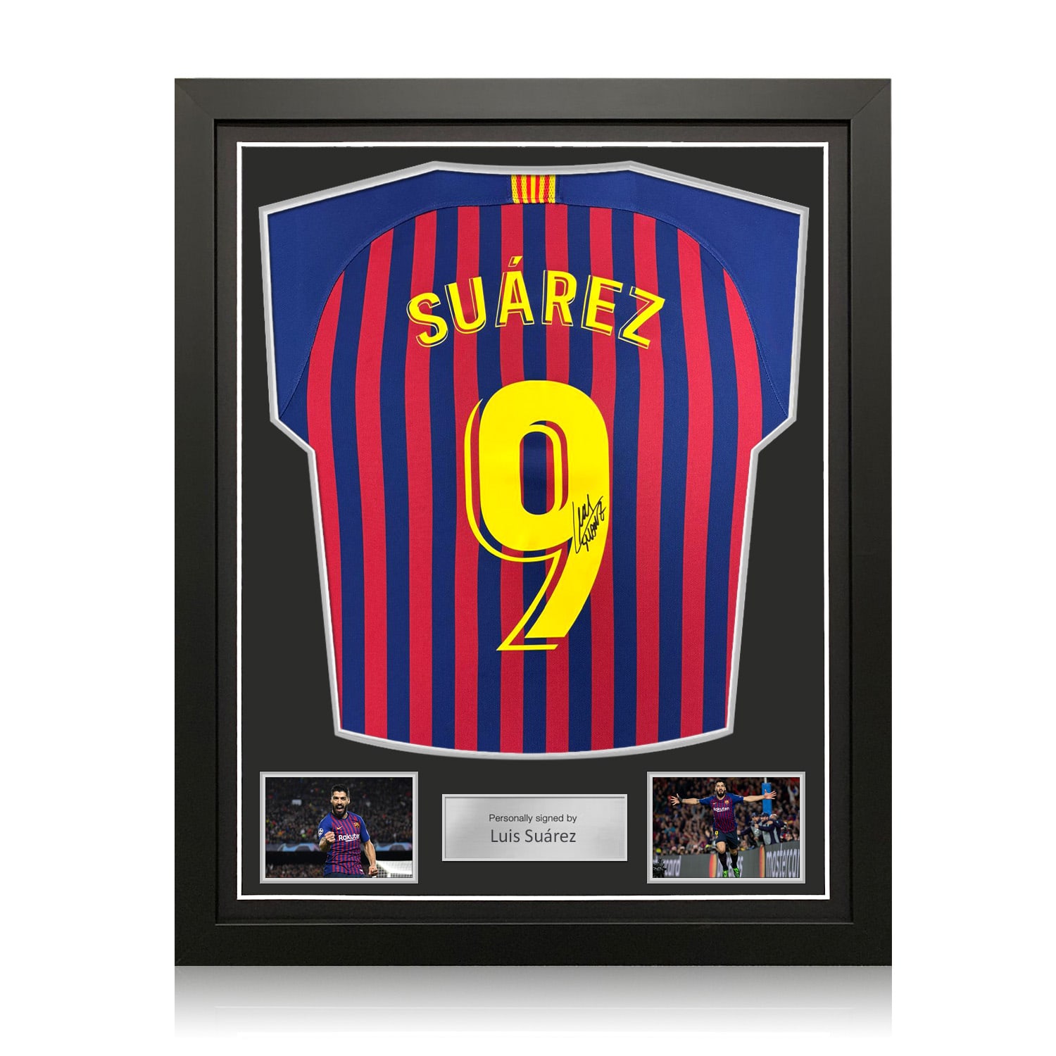 Luis Suarez Signed Original Barcelona 2018-19 Home Football Shirt (Fan Style Printing). Standard Frame