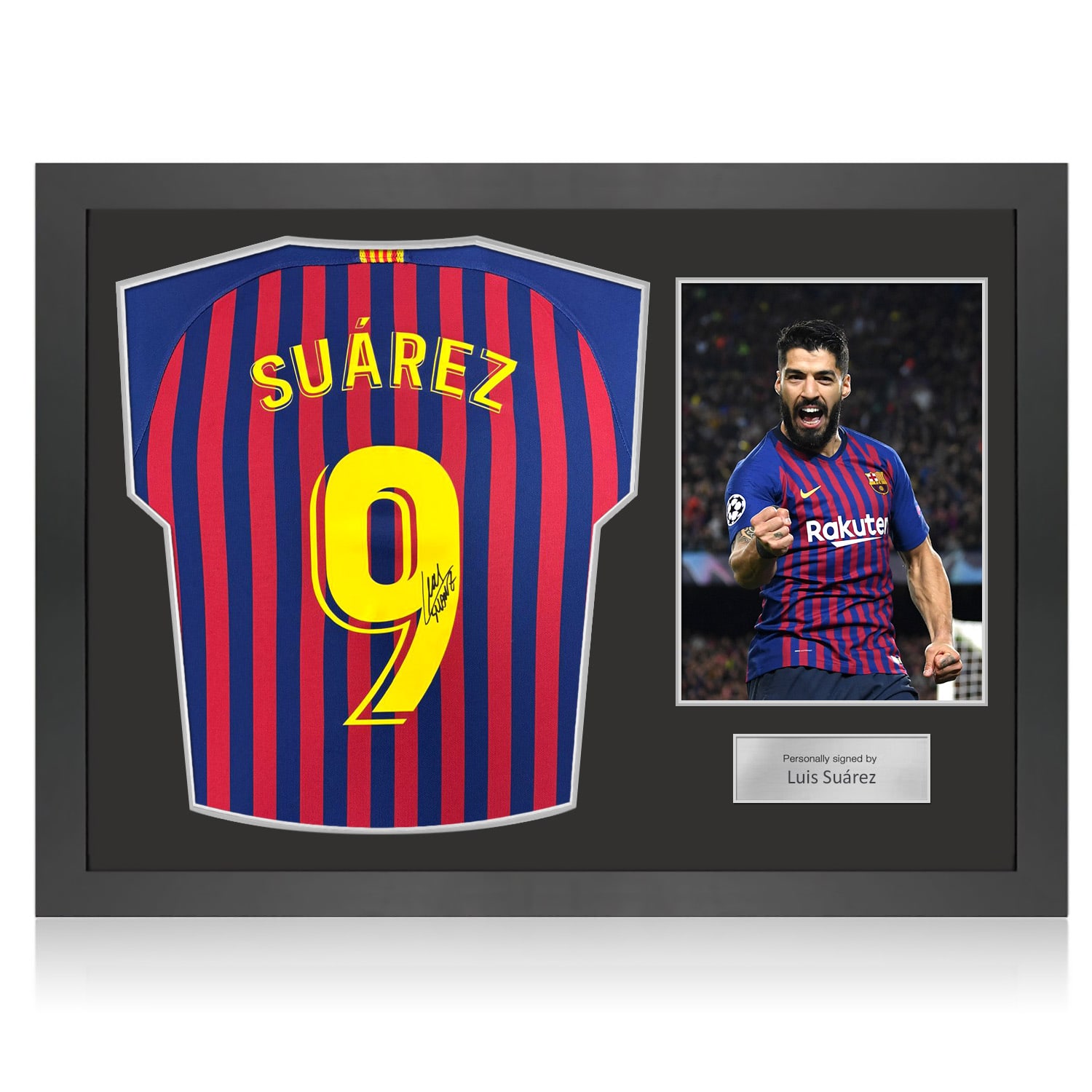 Luis Suarez Signed Original Barcelona 2018-19 Home Football Shirt (Fan Style Printing). Icon Frame
