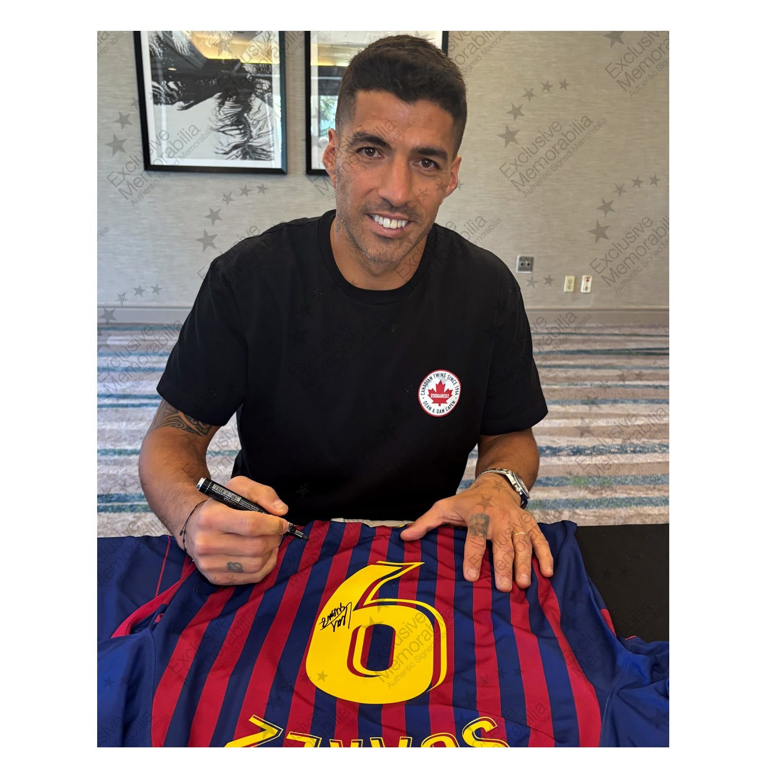 Luis Suarez Signed Original Barcelona 2018-19 Home Football Shirt (Fan Style Printing). Standard Frame