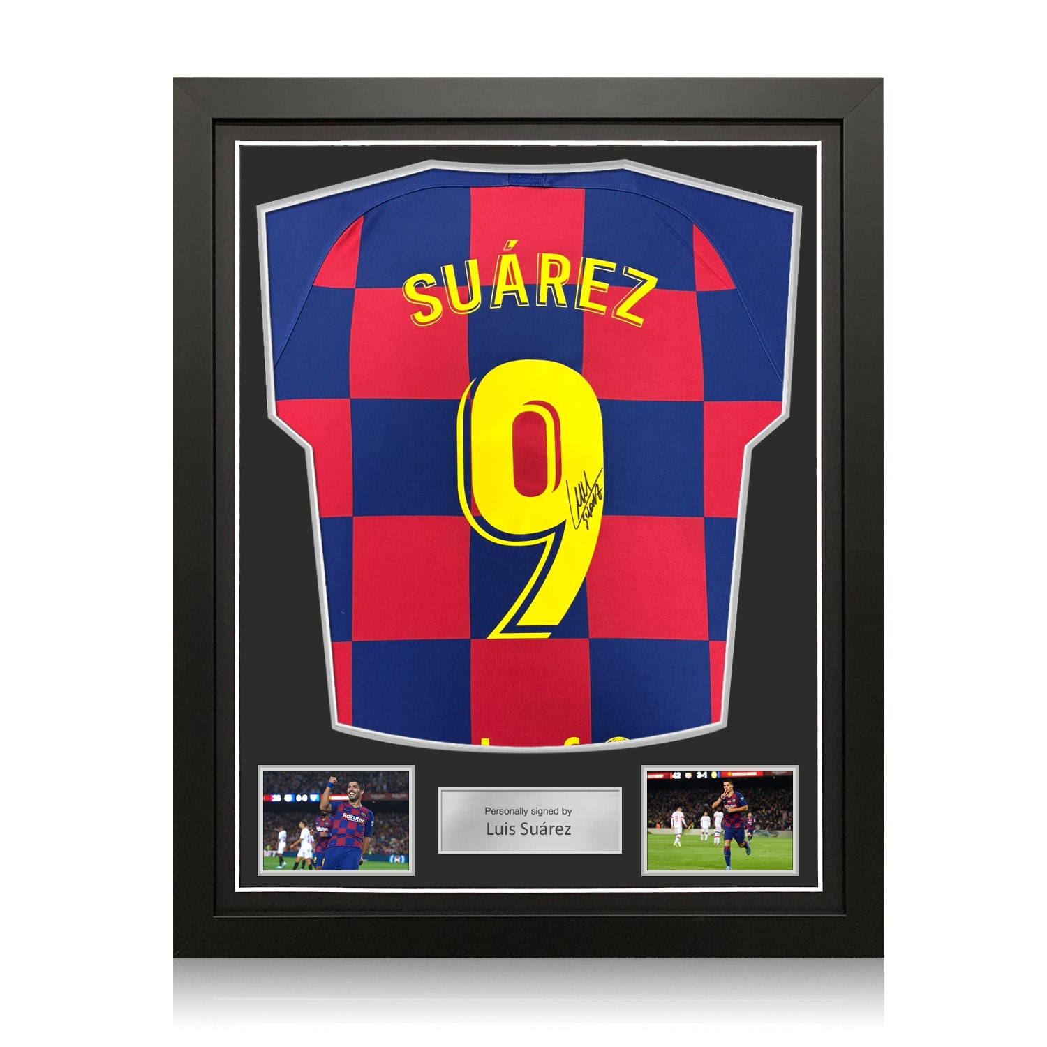 Luis Suarez Signed Original Barcelona 2019-20 Home Football Shirt (Fan Style Printing). Standard Frame