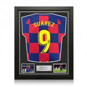 Luis Suarez Signed Original Barcelona 2019-20 Home Football Shirt (Fan Style Printing). Standard Frame