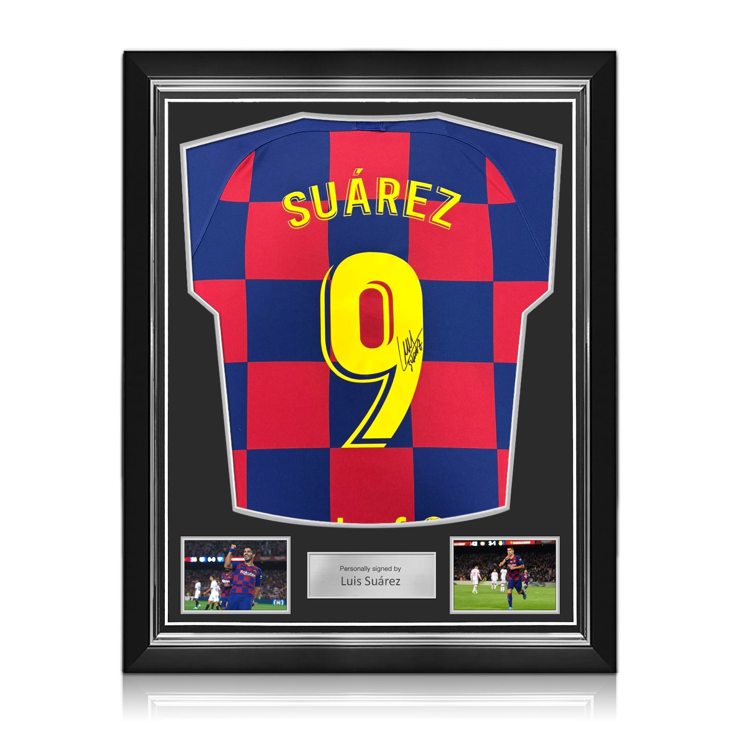 Luis Suarez Signed Original Barcelona 2019-20 Home Football Shirt (Fan Style Printing). Superior Frame