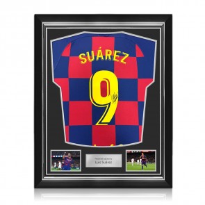 Luis Suarez Signed Original Barcelona 2019-20 Home Football Shirt (Fan Style Printing). Superior Frame
