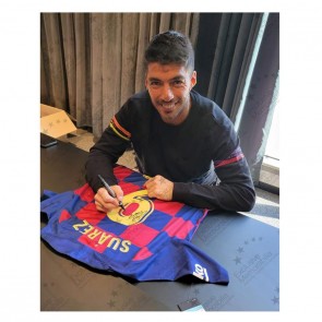 Luis Suarez Signed Barcelona 2019-20 Football Shirt. Deluxe Frame
